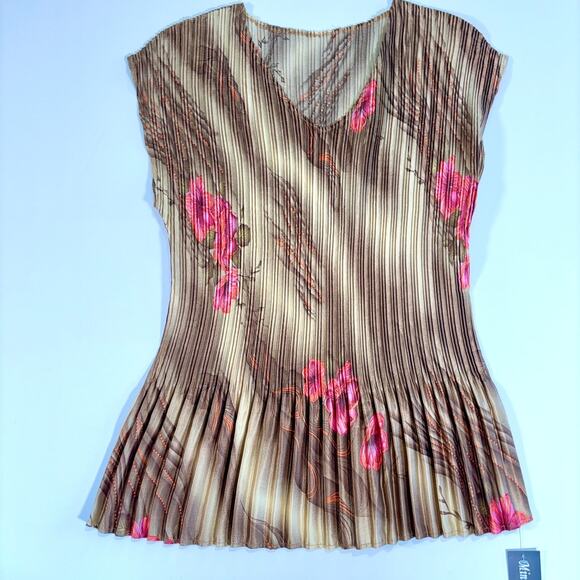 Mini Pleats Tops - Avant-Garde Y2K Floral Pleated Top NWT Brown Pink Blouse Womens Small Medium